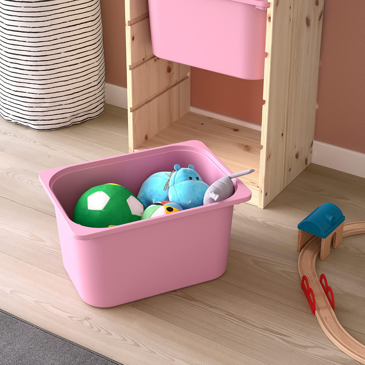 Ikea TROFAST storage combination with boxes, 44x30x91 cm, light white stained pine/pink