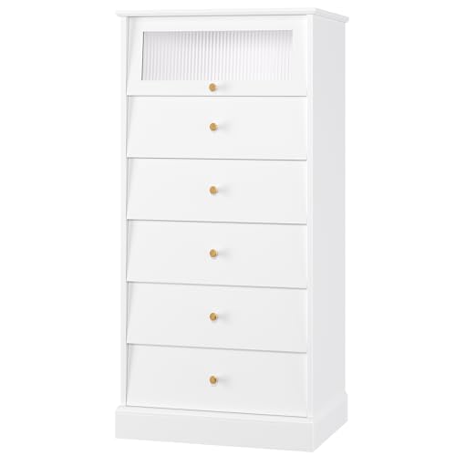 finetones 6 Drawer Dresser Black Dresser, 48.7'' Tall Black Dresser Chest of Drawers, Black and Gold Dresser with Glass Drawer, Gold Dresser Modern Dresser for Home Office