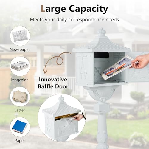Giantex Cast Aluminum Mailbox with Post - Locking Residential Mailboxes for Outside with Keys, Baffle Door, Expansion Bolts, Address Panel, In-Ground Rust-proof Large Security Postal Mailbox (Black)