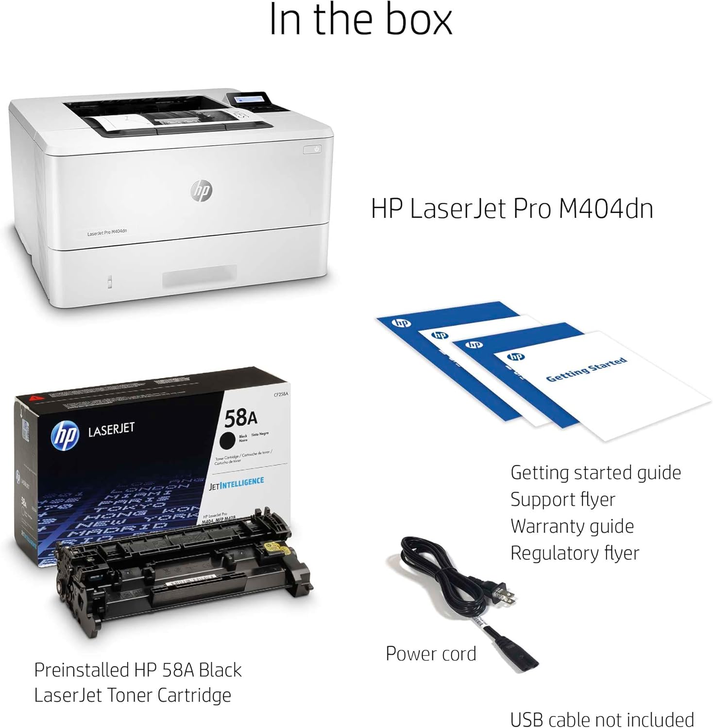 HP Laserjet Pro M404dn Single-Function Wired Monochrome Laser Printer, White - Print only - Ethernet only, 40 ppm, 1200 x 1200 dpi, Auto Duplex Printing, 8.5 x 14, 2-line LCD, Tillsiy Printer Cable