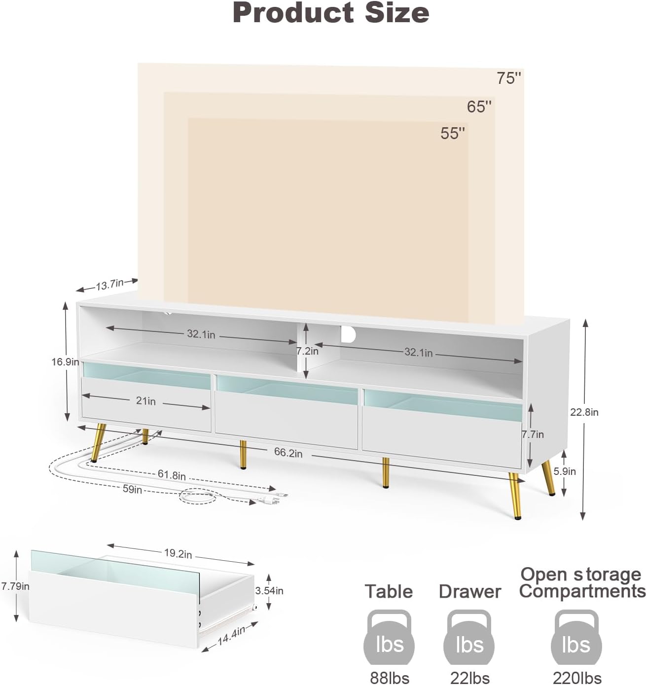 TV Stand 65 inch with LED Light and Power Socket, Modern TV Stand with 3 Drawers, Entertainment Center, Living Room TV Stand for 75 inch TV, White