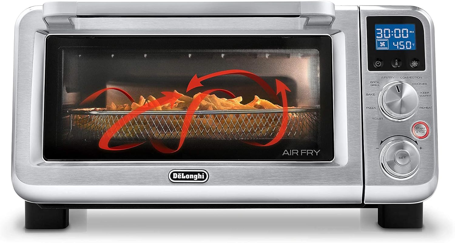 De'Longhi Livenza 9-in-1 Digital Air Fry Convection Toaster Oven, Grills, Broils, Bakes, Roasts, Keep Warm, Reheats, 1800-Watts + Cooking Accessories, Stainless Steel, 14L (.5 cu ft), EO141164M (Renewed)