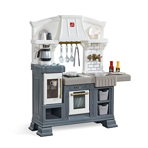 Step2 Gilded Gourmet Kitchen Playset for Kids, Indoor/Outdoor Play Kitchen Set, Toddlers 2+ Years Old, 20+ Piece Kitchen Toy Set, Easy to Assemble, White, Blue, Gray