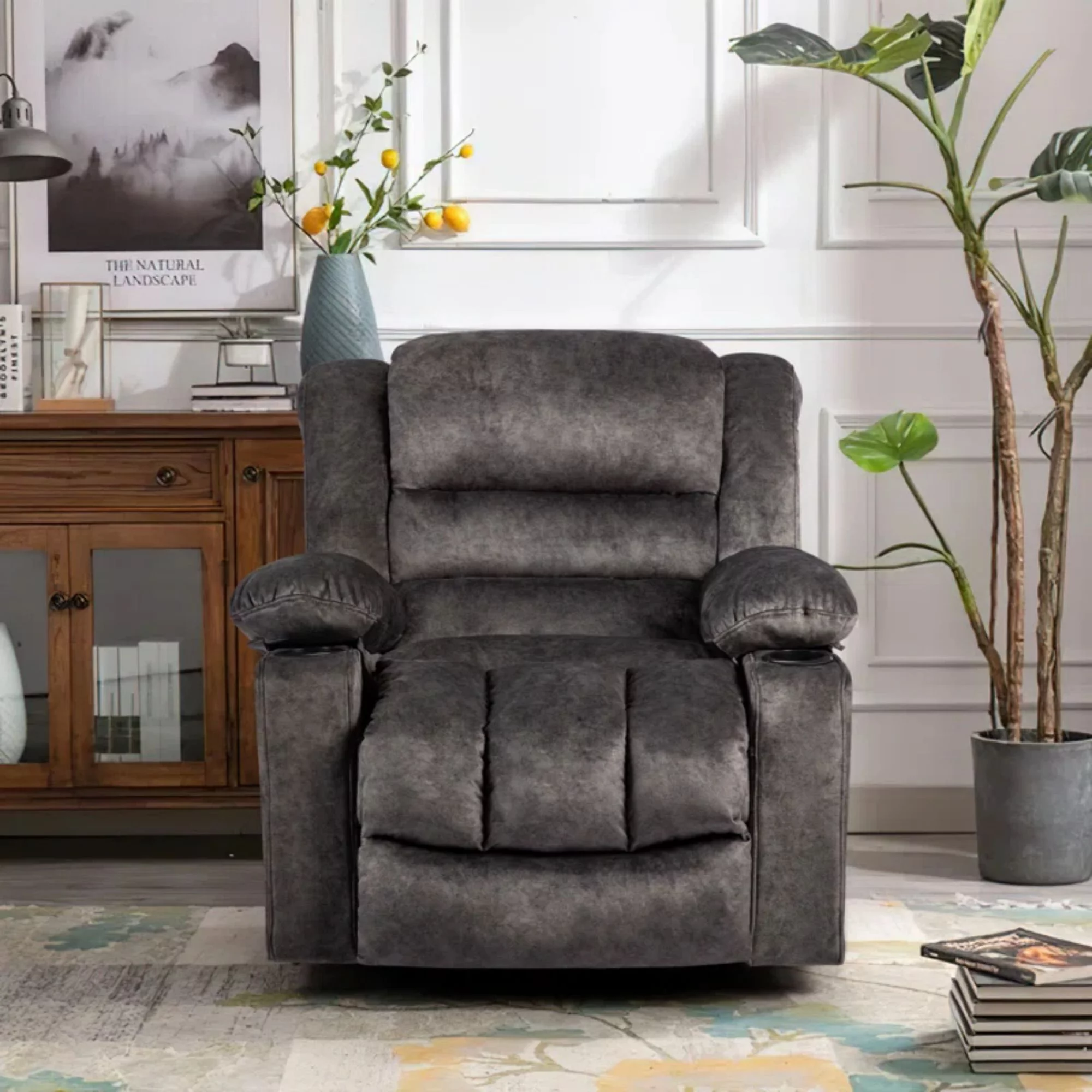 Colerline 36.61" Wide Super Soft and Oversize Modern Designed Velvet Upholstered Heating & Massage Swivel Reclining Chair with Cupholders for Living Room, Bedroom, Gray