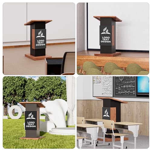 Customized Mobile Podium Stand-Personalized Logo& Text on Center Board, Portable Rolling Podium Business Wooden Lecture Podium Reception Desk Hostess Stand, Pulpit for Churches