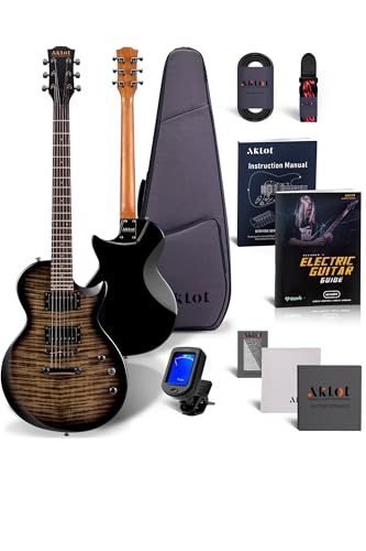 AKLOT Muti-Tone Electric Guitar with Coil-Split: Roasted Maple Neck, Flame Maple Graphic Top, Dual Humbuckers Pickups, Beginner Guitar Kit with Gig Bag, Lesson Book, Strap, Picks, Violet Venom