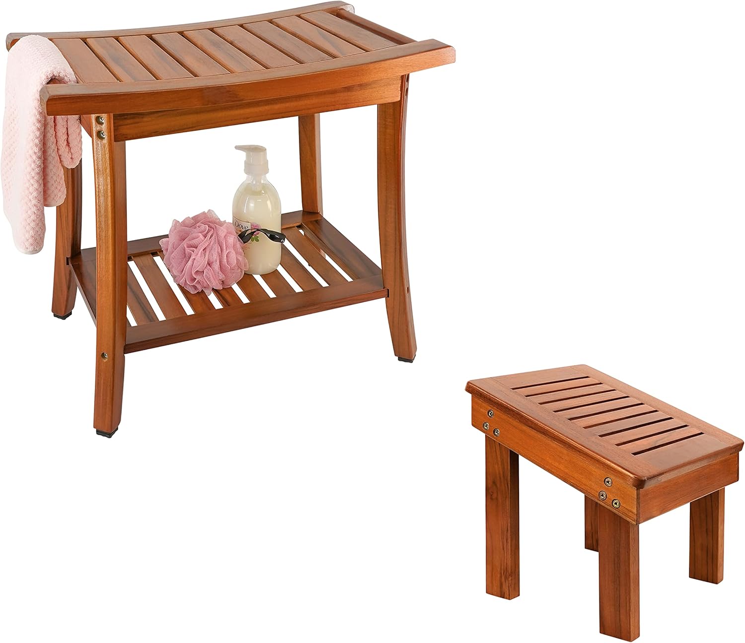 Utoplike Teak Shower Bench Seat with Handles and Wood Shower Foot Stool for Shaving Legs Portable Wooden Spa Bathing Stool