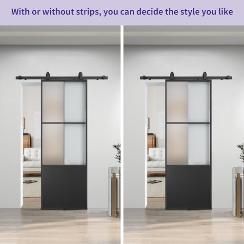 JUBEST 30" x 84" Glass Sliding Barn Door with Top Mounted Hardware Kit Included, 3-Panel Aluminum Frame and Frosted Tempered Glass French Door, Black Sliding Door, Easy to Install