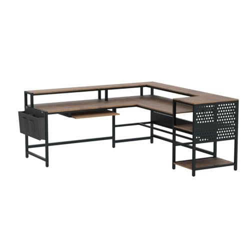 SEDETA L Shaped Gaming Desk, Reversible Computer Desk, Gaming Desk with Power Outlets & LED Strip, Monitor Shelf, Keyboard Tray, Pegboard and Storage Shelves for Home Office, Black
