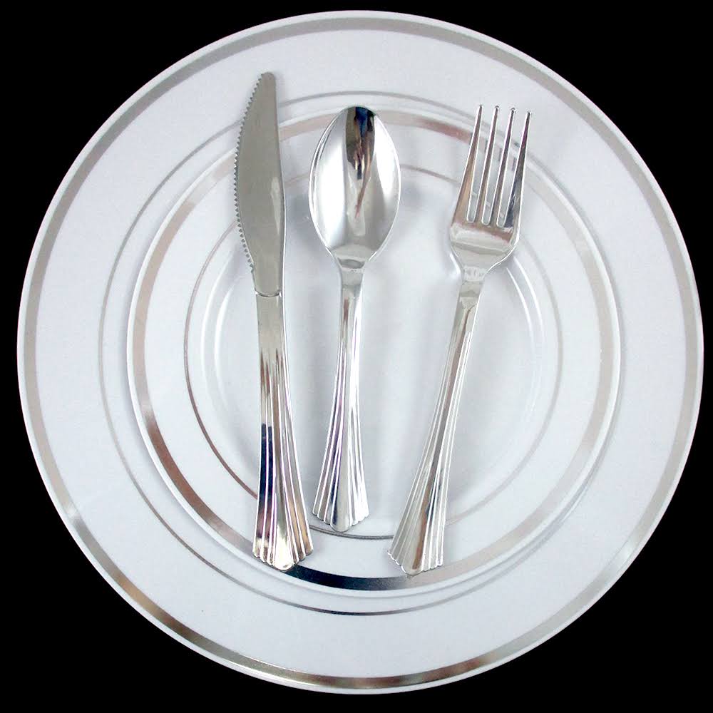 90 Bulk Dinner Wedding Disposable Plastic Plates Silverware Party Silver Rim New