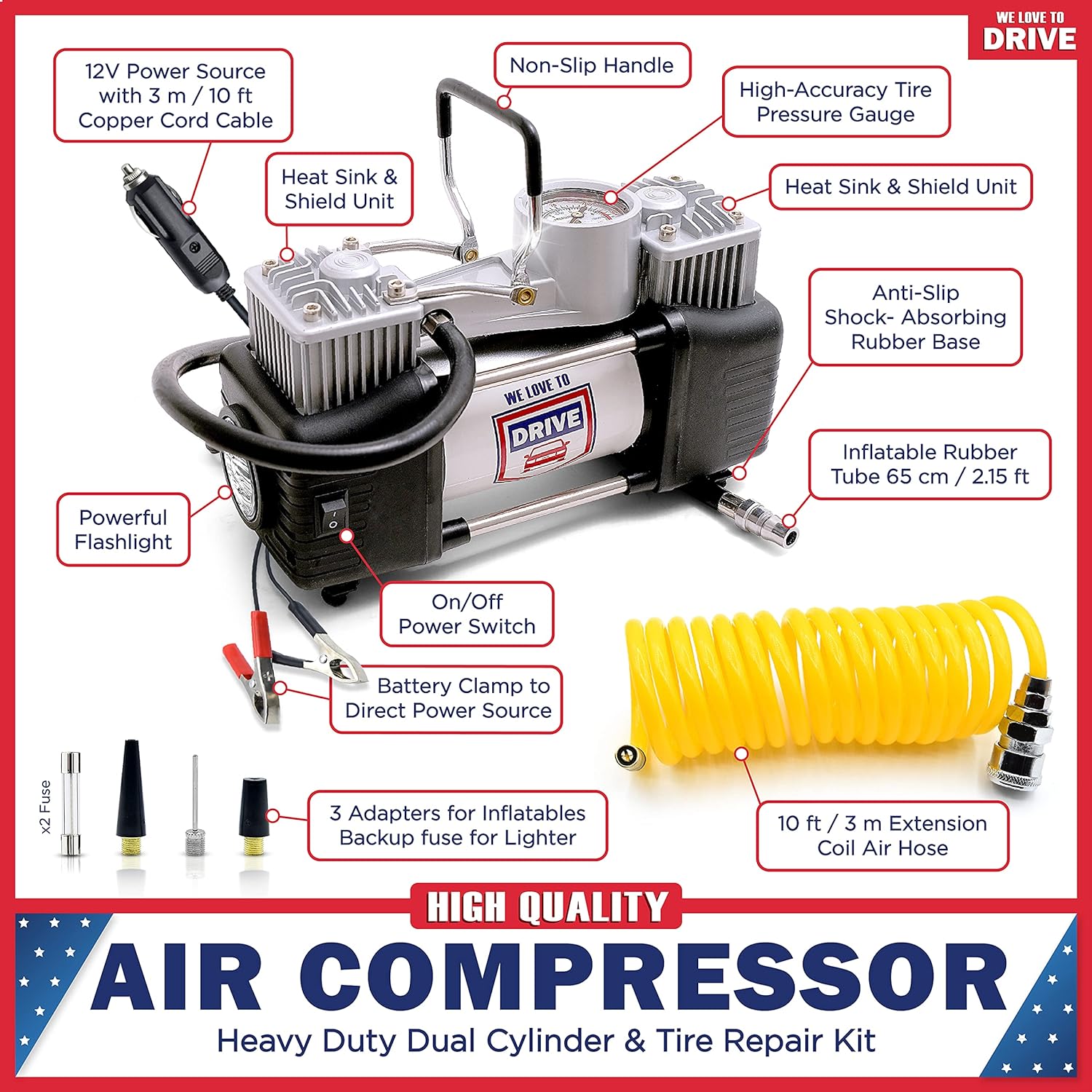 Air Pump and Tire Repair Kit �C 12V DC 150 PSI Portable Air Compressor & Car Emergency Kit with PSI Gauge, Adaptors, Hose, Car Plug, Clip Connectors, Tire Inflator & Tire Patch Kit by WE LOVE TO DRIVE