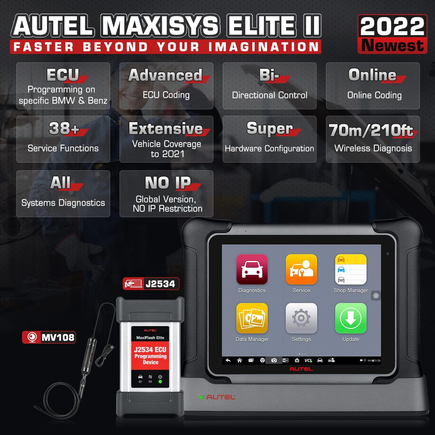 Autel Scanner MaxiSys Elite II, [with $60 MV108], 2022 Newer Model of MS Elite/ MS908S Pro/ MK908P, Hardware Same as Autel MS909, J2534 ECU Programming & Coding, Bi-Directional Control, 38+ Services