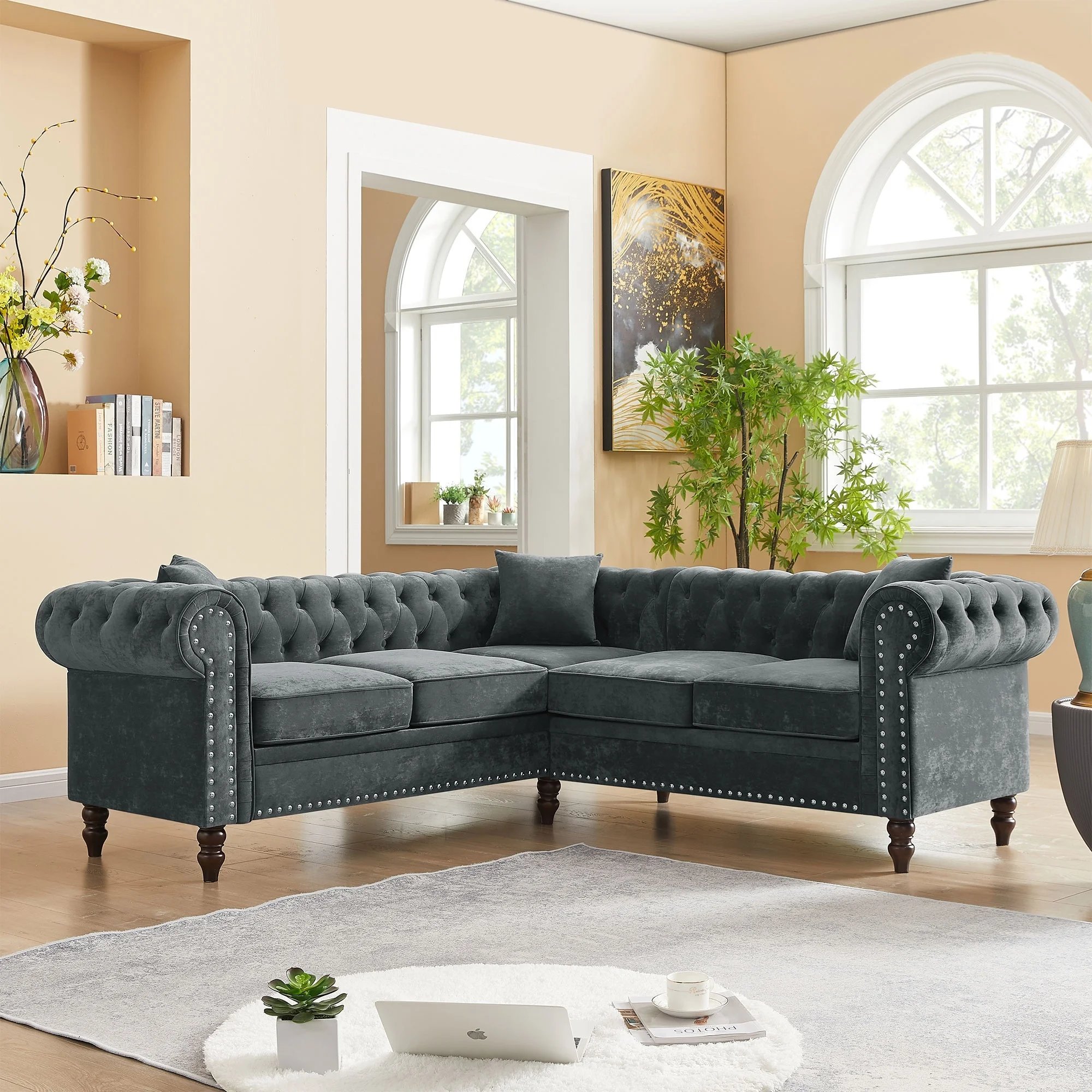 80" Button Tufted Upholstered Luxury Classic Chesterfield L-Shaped Sofa, Grey