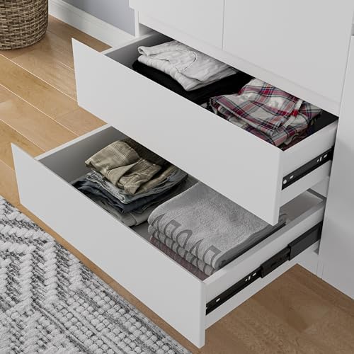 Armoire Wardrobe Closet with Drawers and Doors, 4 Door 2 Drawers White Bedroom Armoires Wooden Wardrobe with Shelves and Hanging Rod, 20.39" D x 63" W x 78.74" H