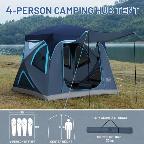 TIMBER RIDGE Instant Pop Up Hub Tent, 4 Person Portable Weather Resistant Camping Tent, 60 Second Set-Up, Easy Up Tents with Rain Fly and Carry Bag