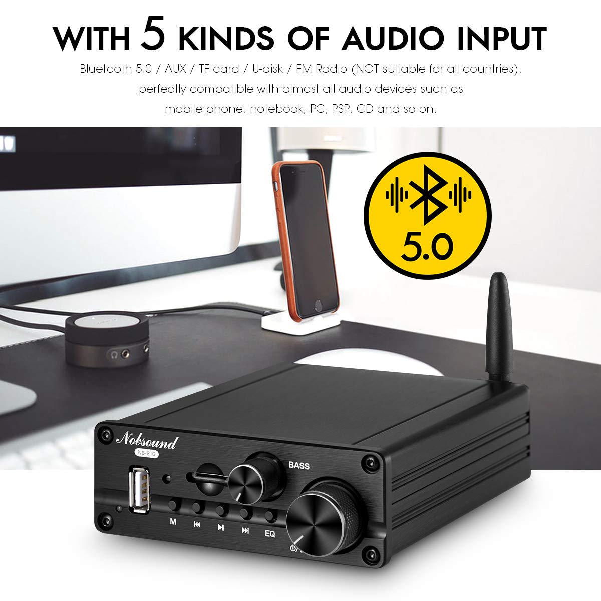 Nobsound NS-21G Mini 2.1 Channel Bluetooth 5.0 Power Amplifier Stereo Amp USB/AUX Music Player Pack of 2