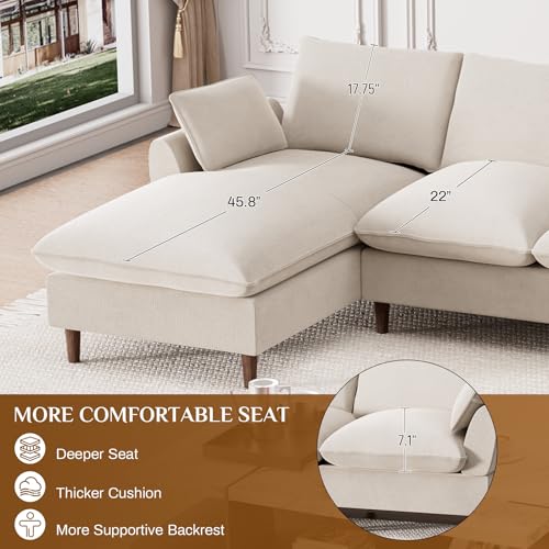 U-Shaped Sectional Sofa Couch, 112" Comfy Deep Seat Cloud Couch with Convertible Ottoman & Chaise, Modern Oversized Modular 5 Seat Sleeper Sofa Set for Living Room Office, Beige White Chenille