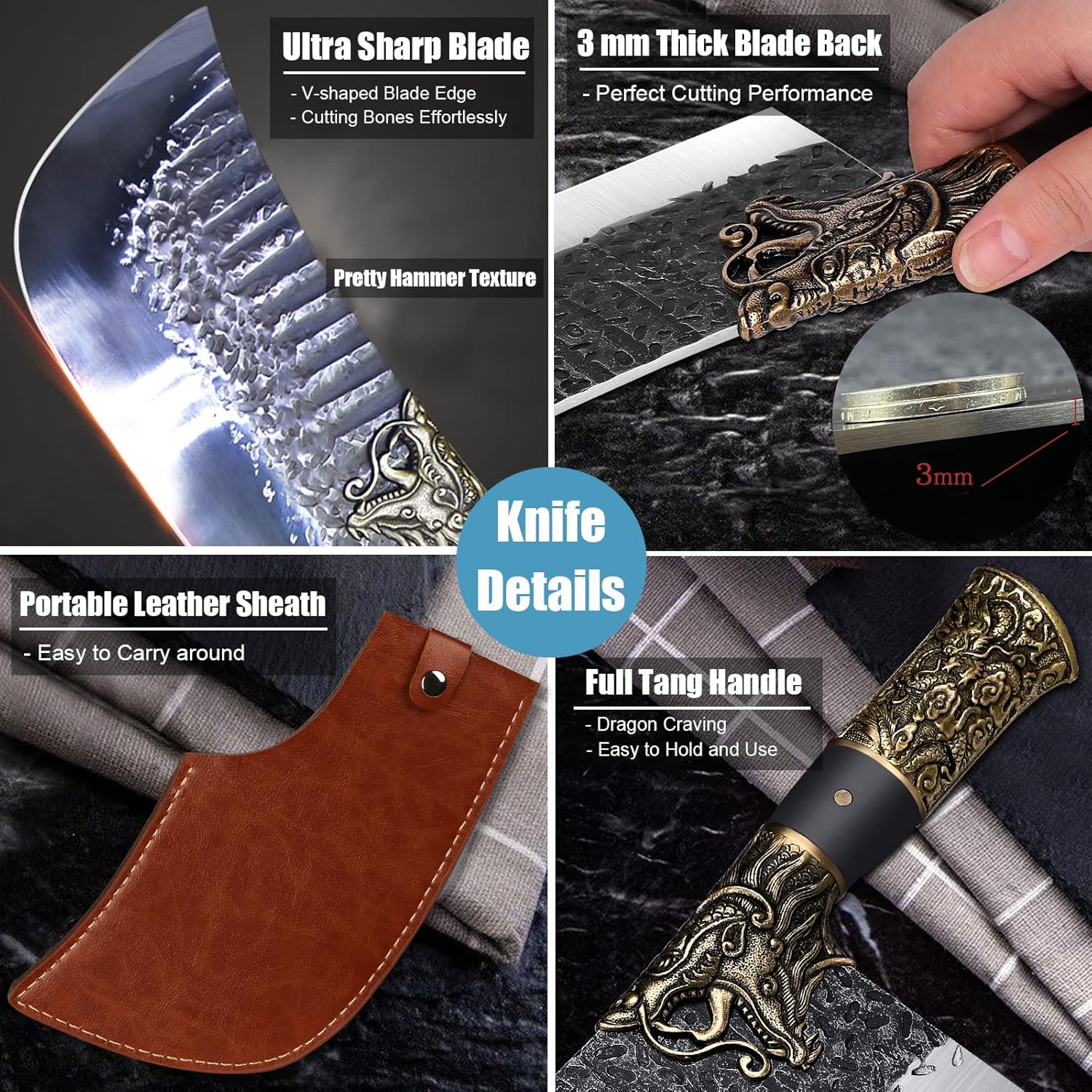 Meat Cleaver Butcher Knife Bone Cleaver Knife Heavy Duty Bone Chopper Butcher Bone Knife High Carbon Steel Bone Knife with a Sheath for Kitchen Outdoor