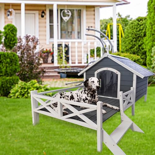 Large Wooden Dog House Outdoor with Porch, 67'' Outside Dog Kennel with Weather-Resistance Roof and PVC Curtain, Wood Pet House Used Indoor Outdoor for Small Medium Dogs Cats Pets