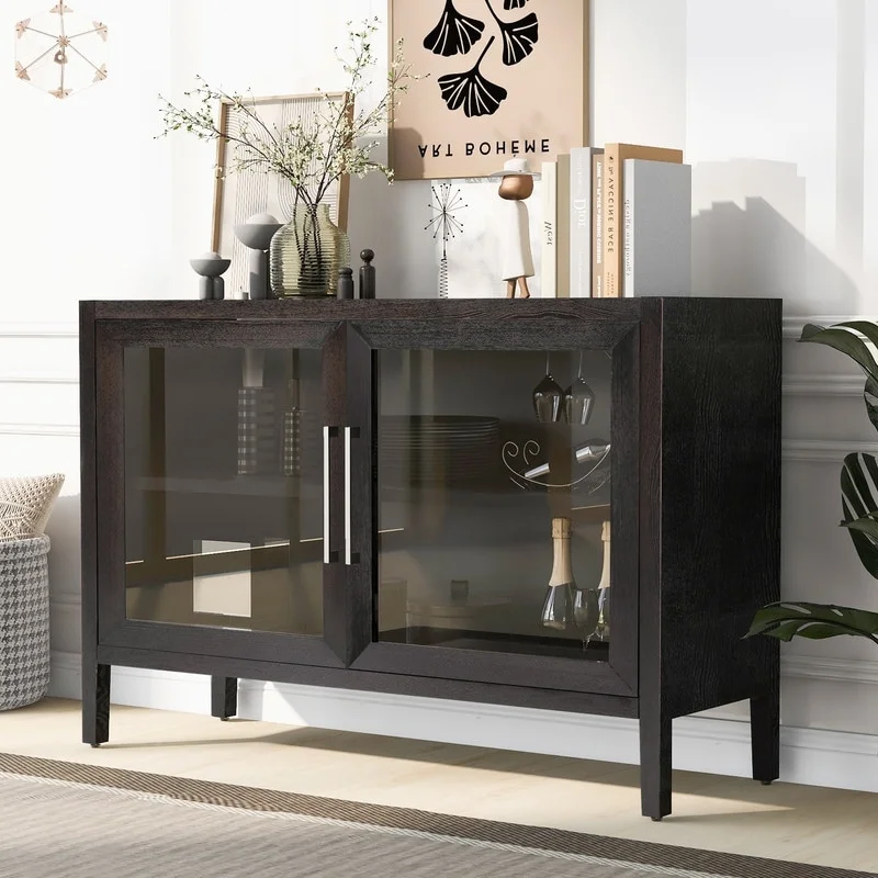 Wood Storage Sideboard Buffet Cabinet with Glass Doors and Adjustable Shelf Brown