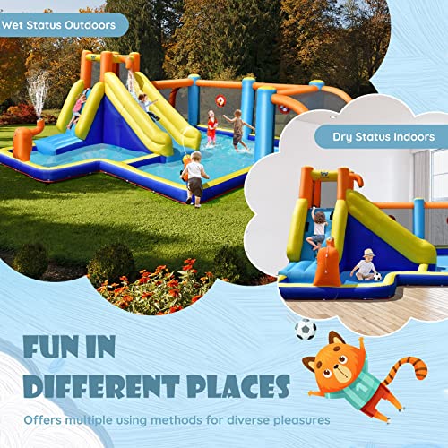 GLACER Inflatable Water Slide, 8-in-1 Blow Up Waterslide with Soccer Zone, Climbing Wall, 2 Water Cannons and Target Game, Water Bounce House with Carry Bag for Kids and Adults (with 735W Air Blower)