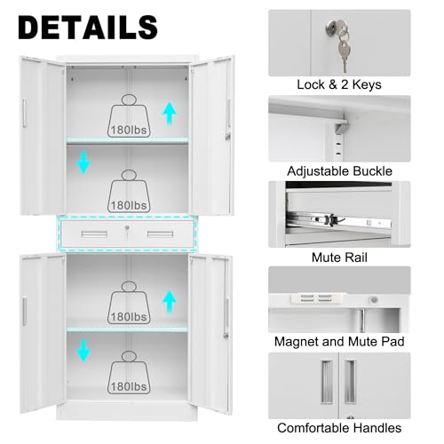 Metal Storage Cabinet, 71" H x 28" W x 16" D Locking Storage Cabinet with Adjustable Shelves and One Drawer, Steel Storage Cabinet for Office, Garage, Home, School, Utility (Black)