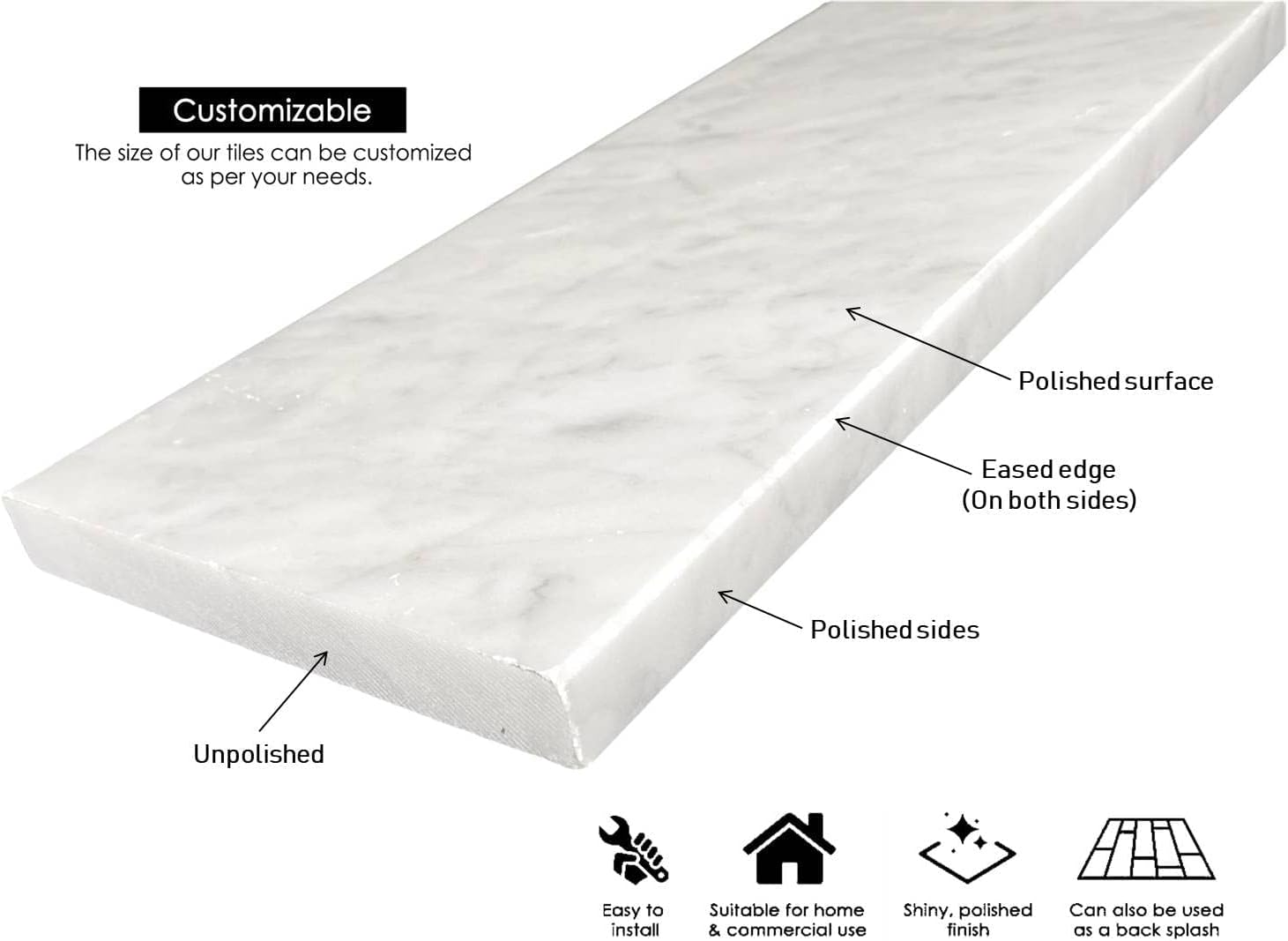 Tenedos Carrara Marble Floor Threshold (Marble Saddle) - Polished - (4'' x 48")