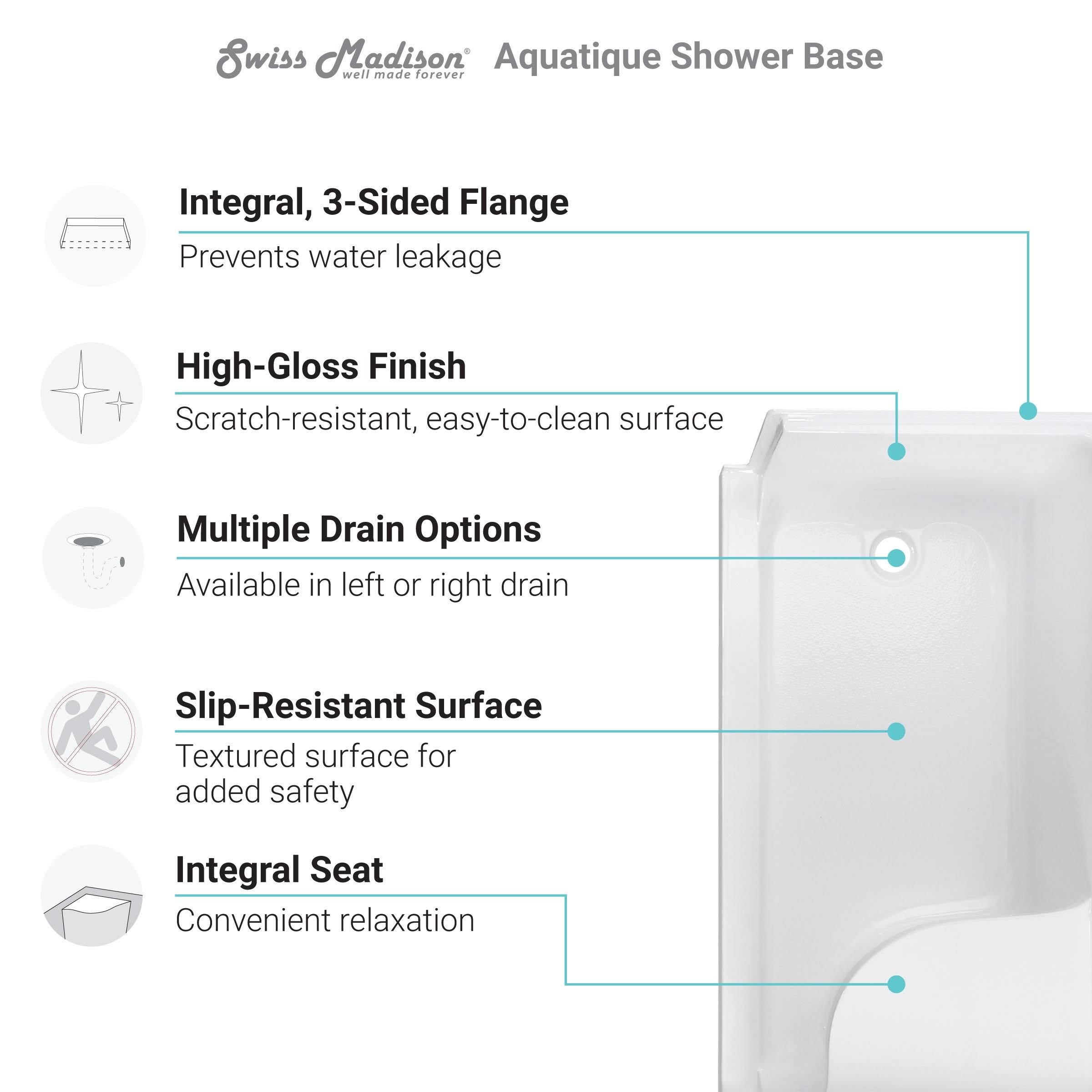 Aquatique 60 x 32 Single Threshold Shower Base with Left Hand Drain and Integral Right Hand Seat - Gray