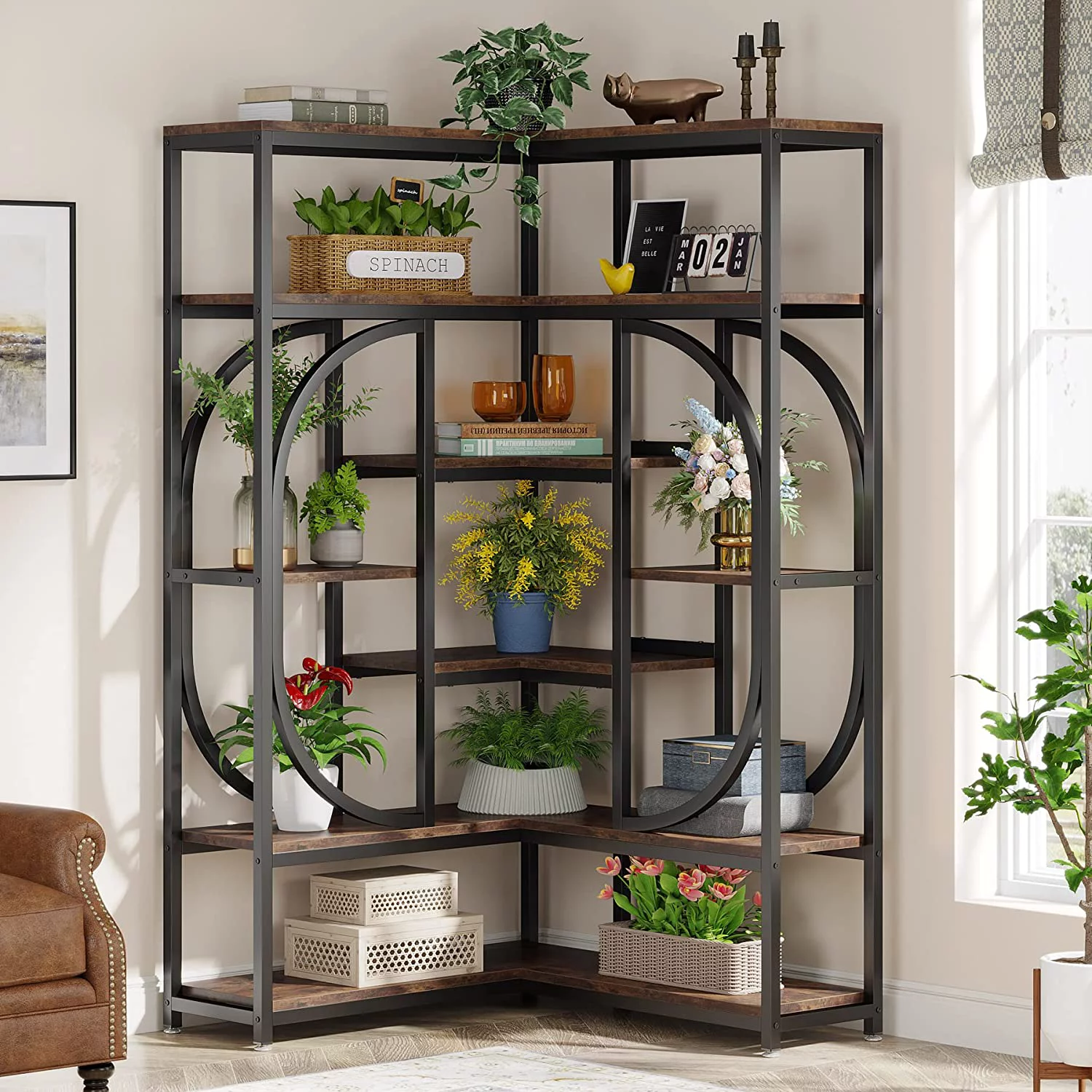 Tribesigns L Shaped Corner Bookshelf, Large 7 Shelf Corner Bookcase Display Rack for Home Office, Rustic Brown & Black