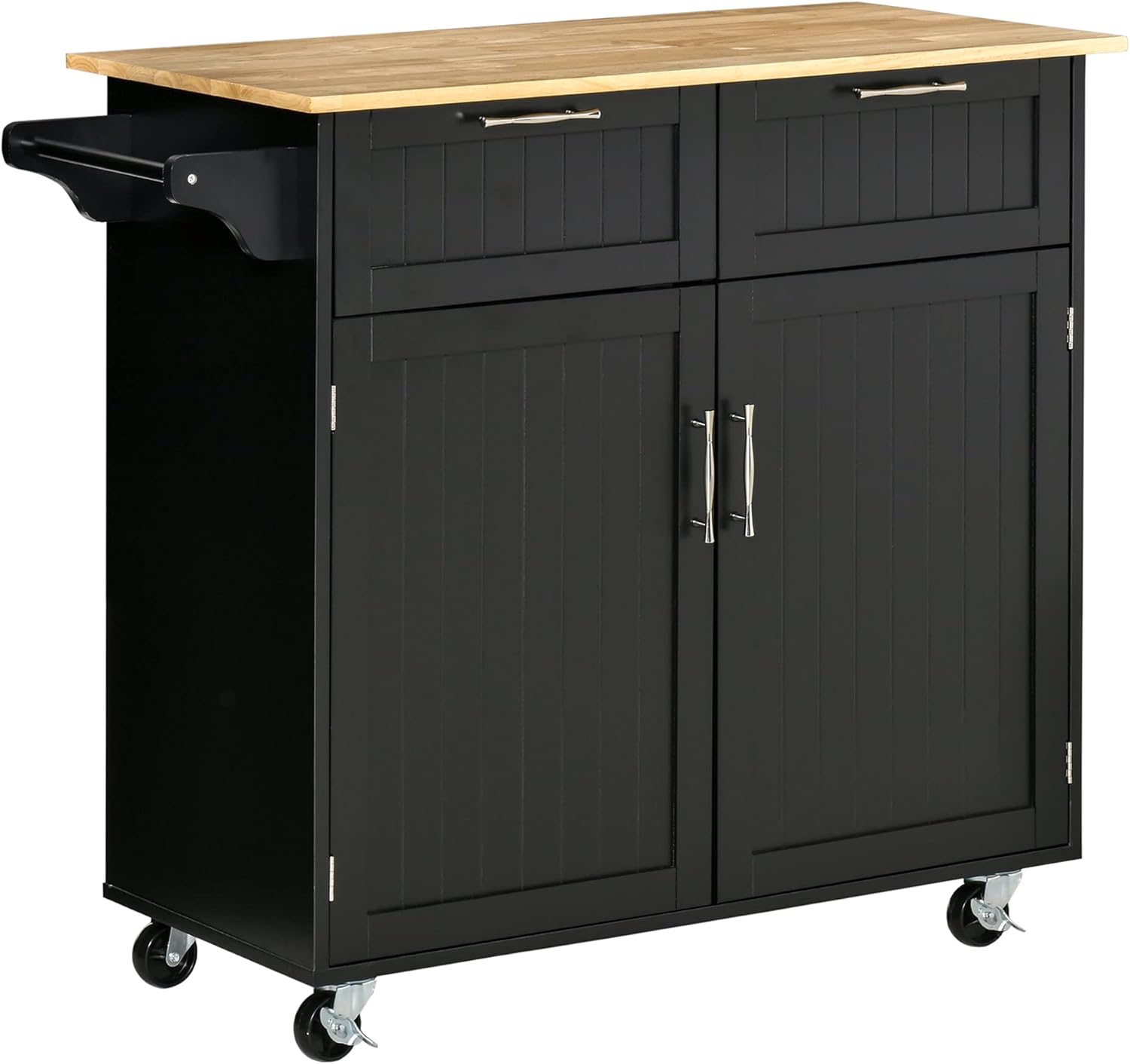 HOMCOM 41" Modern Rolling Kitchen Island, Kitchen Storage Utility Cart Trolley with Rubberwood Top, 2 Drawers, and Towel Rack, Grey