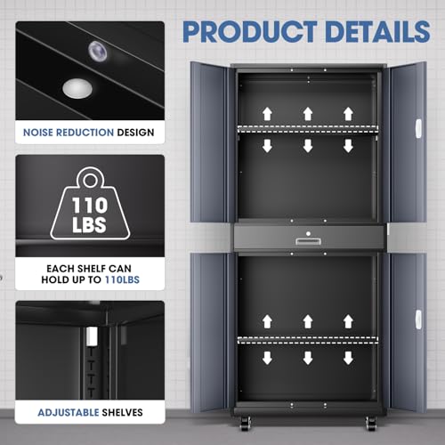 DNA MOTORING 71'' Metal Storage Cabinet, Locking Tool Cabinet with 1 Drawer and Adjustable Shelves, Lockable Heavy Duty Metal Locker for Garage,Office,Home,Gym, Gray, TOOLS-00629-GY-GY-A
