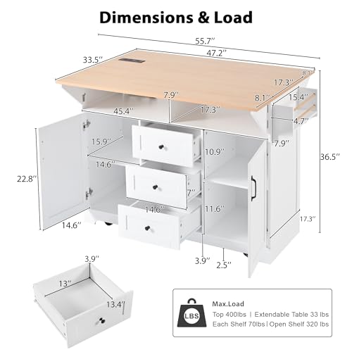 Large Kitchen Island Cart with 2 Drop Leaf, Mobile Dining Table with Storage Cabinet, Rolling Kitchen Cart with Power Outlets, 3 Drawers, Spice & Towel Rack