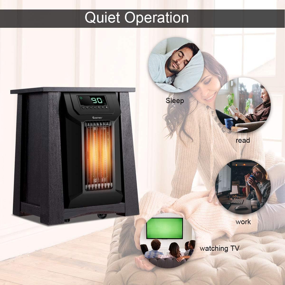 COSTWAY Infrared Space Heater 1500W, Portable Radiator Heater with Remote, 12H Time & Adjustable Thermostat, Small Electric Heater for Indoor Use Home Office Bedroom, Brown + Black