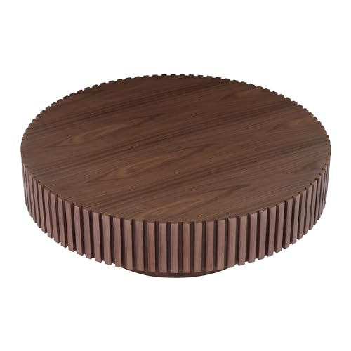 39.37'' Round Coffee Table,Mid Century Modern Fluted Circle Coffee Table,Unique Solid Wood Drum Coffee Table for Living Room,Apartment,Office,Small Space (Walnut)