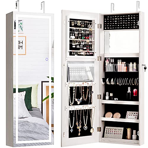 Giantex Jewelry Cabinet Armoire Door Wall Mount, 47.2in Lockable Touch Screen Lighted Full Length Mirror, 3 Lighting Settings, Inside Makeup Mirror, Jewelry Storage Box Organizer (Black)