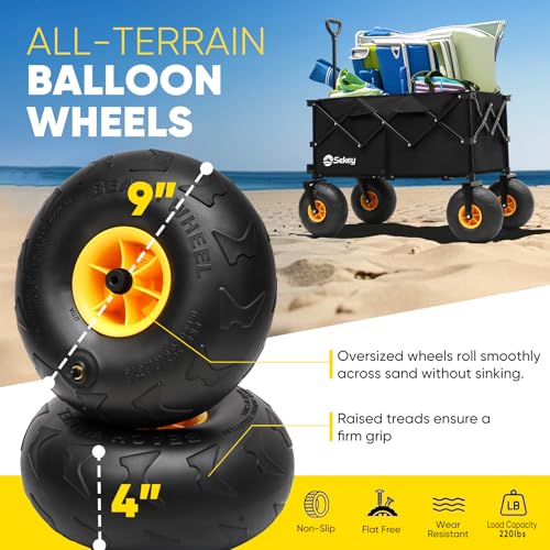 Heavy Duty Beach Wagon with 9" Big Sand-Proof Wheels – 440lb Capacity, Sekey 200L Oversized Foldable Cart | Adjustable Handle & All-Terrain Tires for Sand, Camping, Groceries. Blue&White