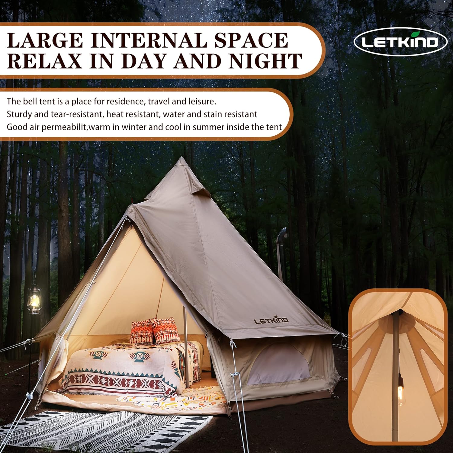 Canvas Tent with Stove Jack, 4 Season Waterproof Camping Tent 4/6 Person Luxury Outdoor Glamping Yurt for Camping, Cotton Bell Tent for Winter Camping for Hunting Party