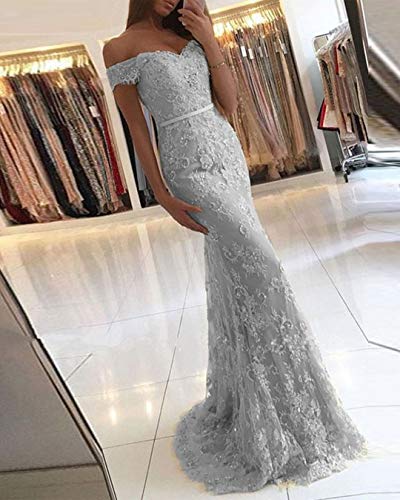 SDRESS Crystals Lace Appliques Cap Sleeve Off Shoulder Mermaid Prom Party Dress