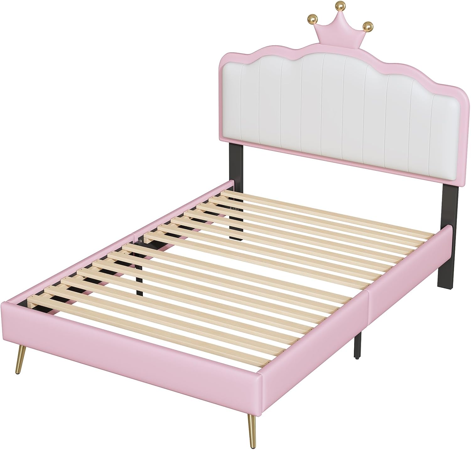 P PURLOVE Twin Upholstered Platform Bed with Light Strips and Golden Metal Legs, Wooden Platform Bed Frame with Footboard and Crown Headboard, PU Leather Princess Bed for Girls (White and Pink)