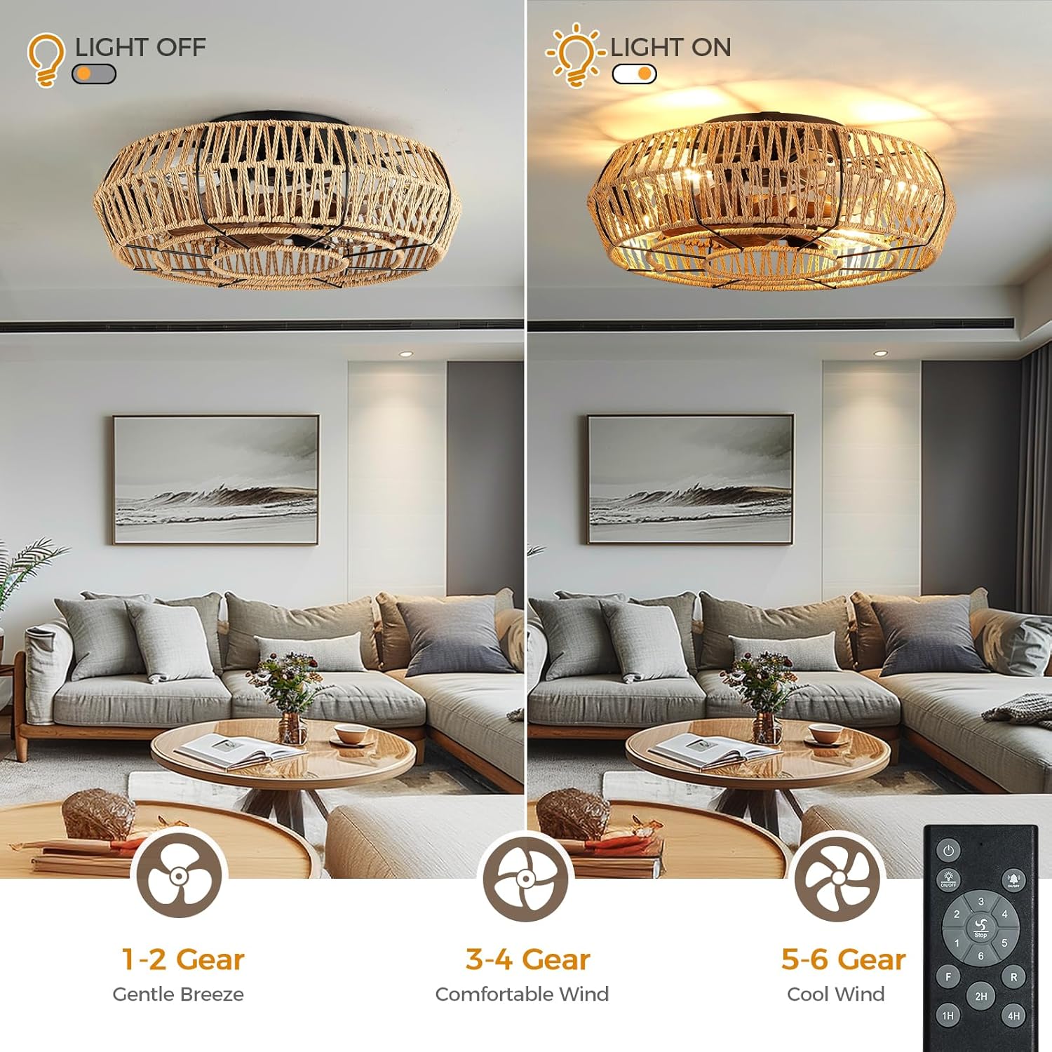 Boho Ceiling Fan with Lights - 20 Inch Flush Mount Ceiling Fan with Light and Remote/APP Low Profile Ceiling Light Enclosed Rattan Caged Ceiling Fan for Bedroom Living Room Farmhouse Indoor
