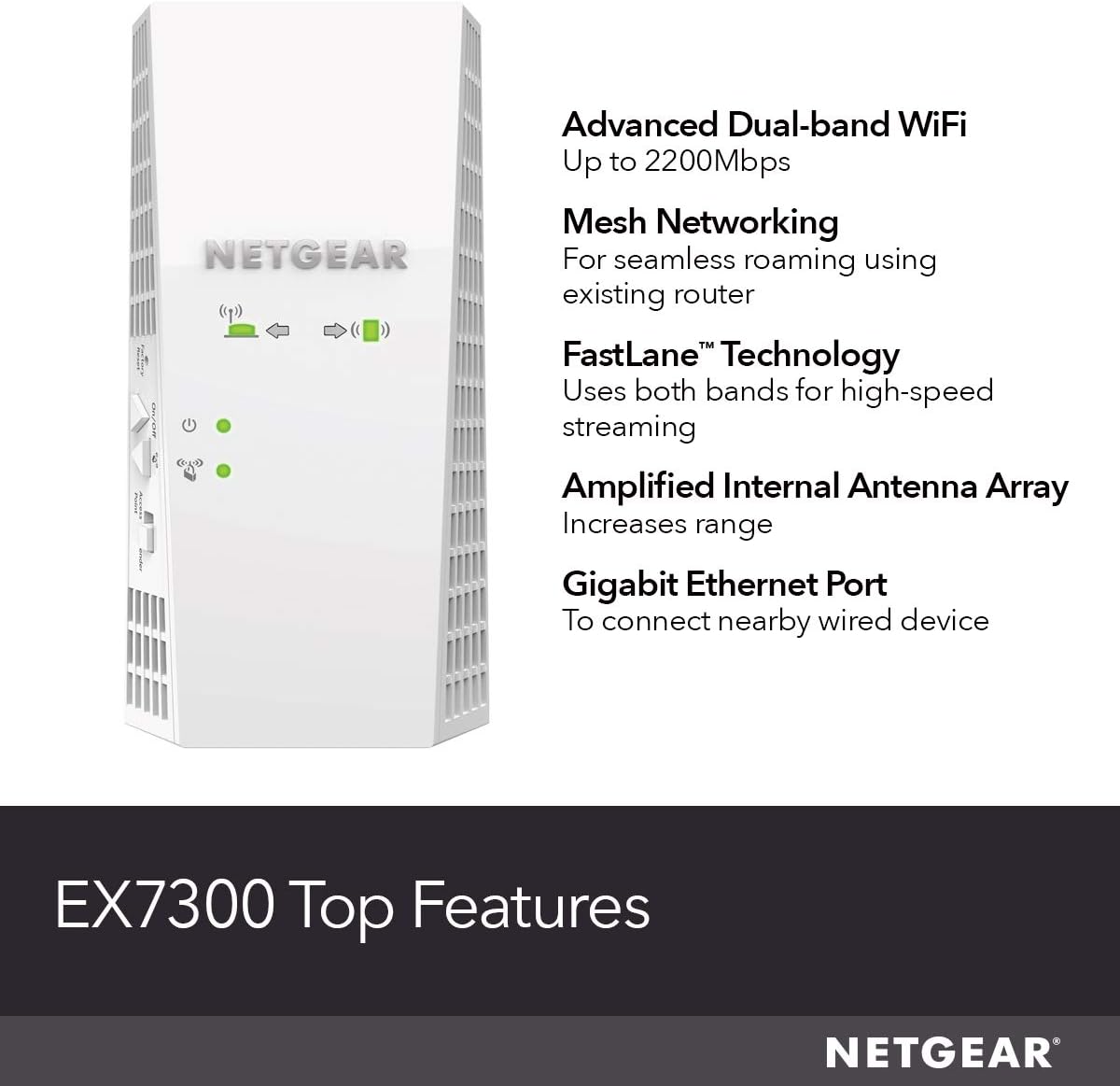 NETGEAR WiFi Mesh Range Extender EX7300 - Coverage up to 2300 sq.ft. and 40 devices with AC2200 Dual Band Wireless Signal Booster & Repeater (up to 2200Mbps speed), plus Mesh Smart Roaming