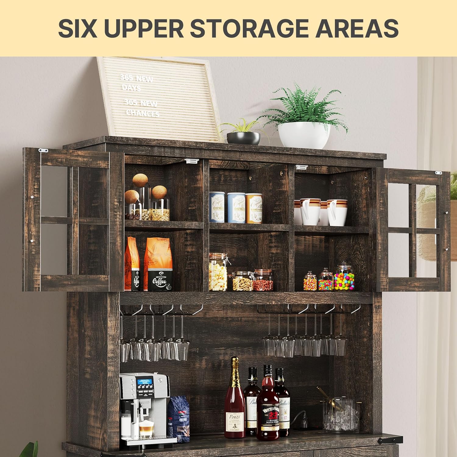 DWVO 72'' Kitchen Pantry Storage Cabinet with Lights, Microwave Stand Tall Traditional Home Bar Cabinet with Power Outlet, Hutch Pantry Buffet Cupboard with Drawers and Doors, Dark Rustic Oak