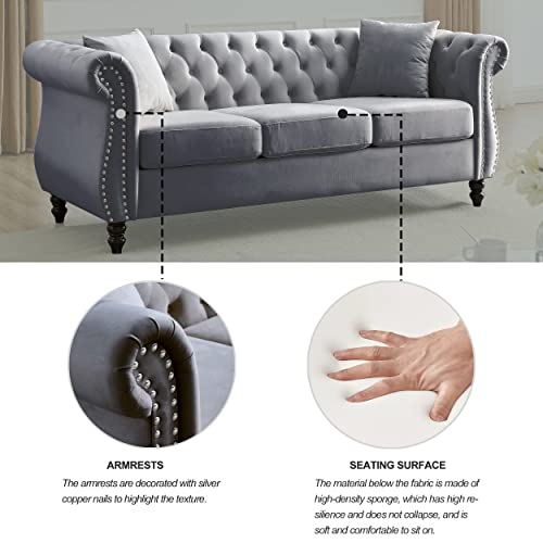 Chesterfield Sofa Couch, 80" W Velvet 3 Seater Sofa Tufted Couch with Rolled Arms and Nailhead for Living Room, Bedroom, Office, Apartment - Beige