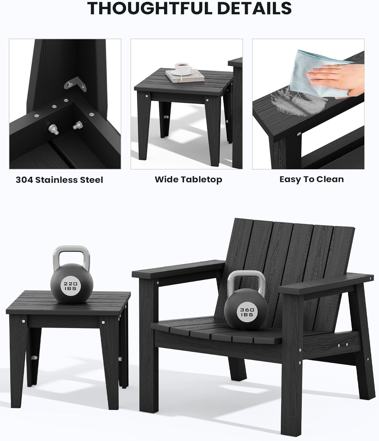 SERWALL 3 Piece Patio Bistro Set HDPE Adirondack Chair Sets with Side Table, includes Adirondack Chairs Set of 2 and 1 Adirondack Table for Patio, Lawn, Backyard- Black