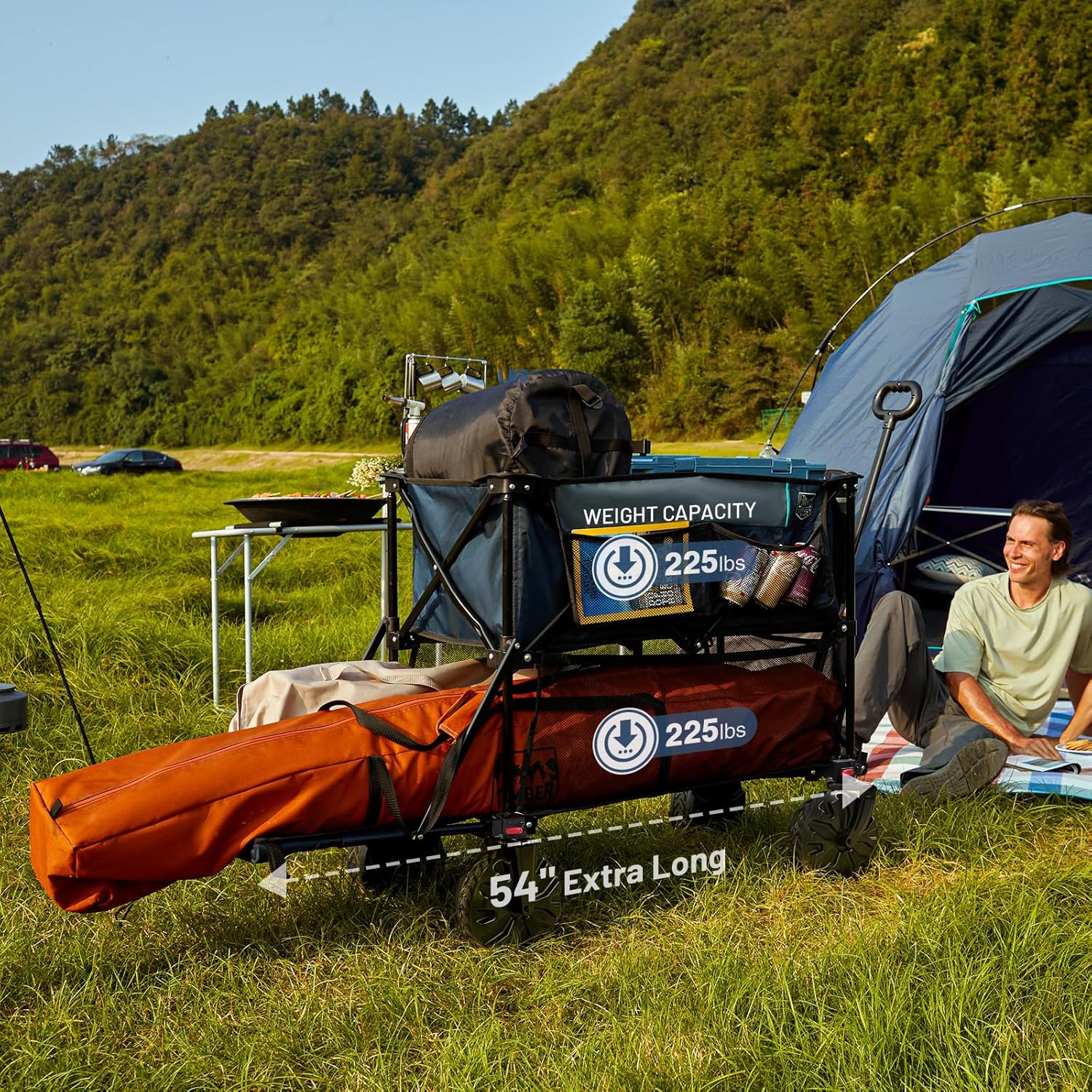 TIMBER RIDGE 400L Large Capacity Folding Double Decker Wagon Blue&Oversized Folding Camping Chair High Back Heavy Duty for Adults Support up to 500lbs