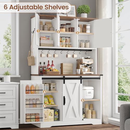 Kitchen Pantry Cabinet, Farmhouse Kitchen Cabinet with Drawer, Sliding Barn Doors Storage Cabinets with Adjustable Shelves for Dining Room, White