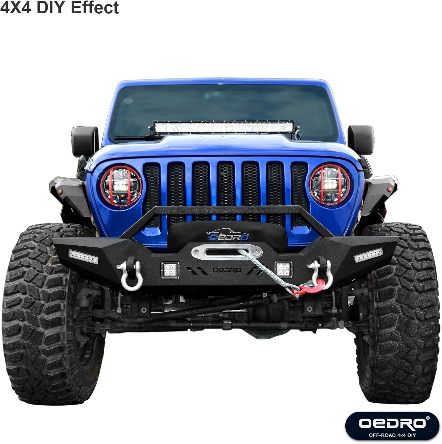 OEDRO Front Bumper Compatible with 2018-2024 Jeep Wrangler JL & Unlimited, 20-24 Gladiator, Rock Crawler Bumper with Winch Plate Mounting & 4 x LED Lights & 2 x D-Rings