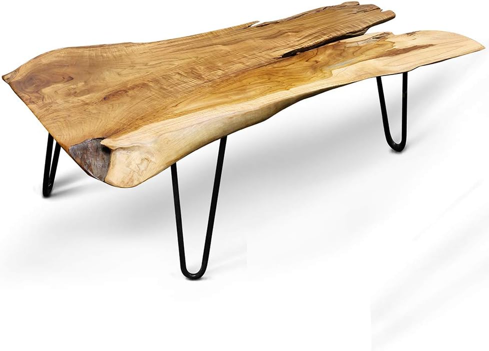 StyleCraft Badang Carving Natural Wood Edge Teak Contemporary Coffee Cocktail Table with Clear Lacquer Finish and Metal Hairpin Legs for Living Room