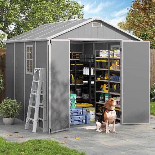 Outdoor Storage Shed, 6x6 FT Resin Shed with Floor and Lockable Door, Window, Vents, Tool Sheds and Outdoor Storage for Bike, Garden Accessories, Tools, Waterproof (Grey & White)