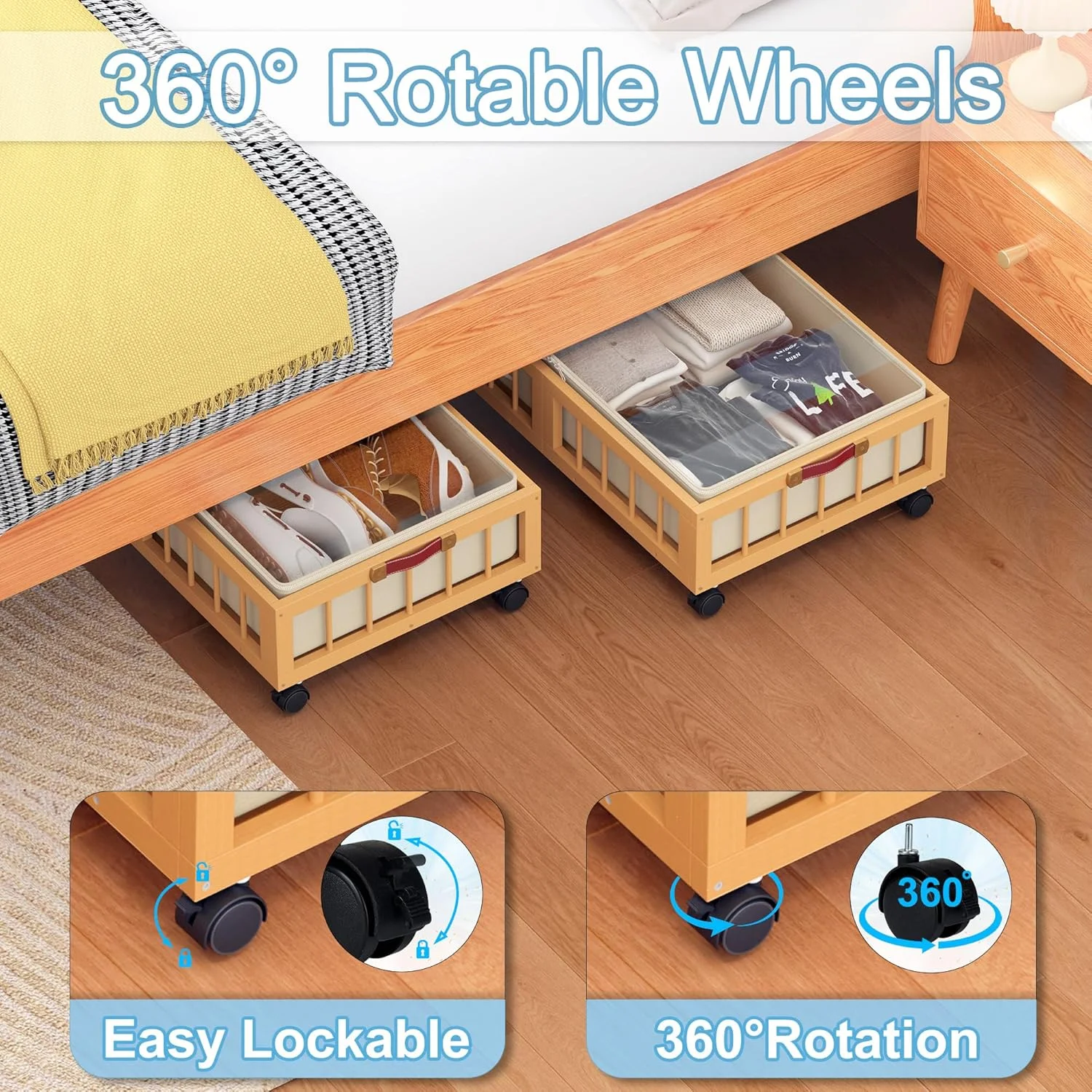 2-Pack Bamboo Under Bed Storage Containers with Wheels, Under Bed Clothes Storage Basket with Large Dust Bag, Rolling UnderBed Storage for Bedroom, Dorm and Basement, Nature